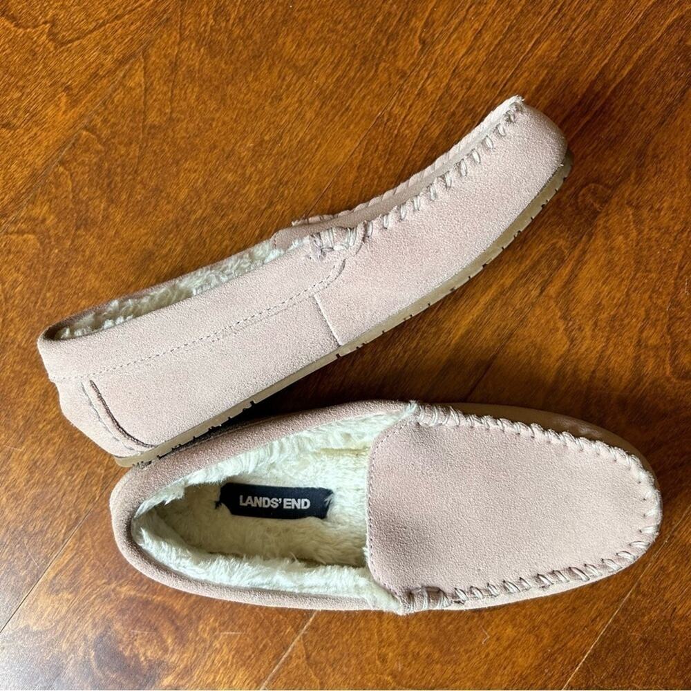 Lands’ End Cabincore Suede Moccasin Slippers, Washed Pink, Faux Fur Lined Size 6